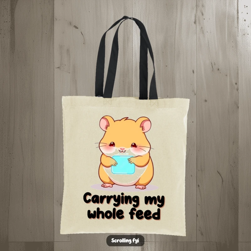 Funny hamster tote bag, tapping on a glowing device, illustrating adorable tech obsession.