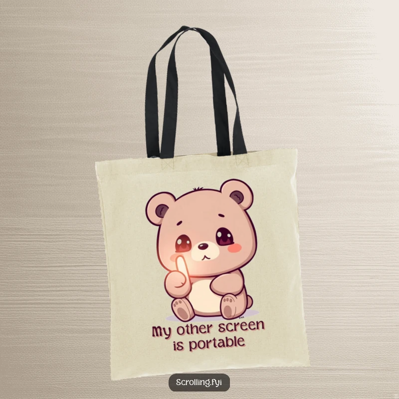 Funny tote bag showing a small bear engrossed in a bright phone screen, thumb endlessly swiping, a humorous depiction.
