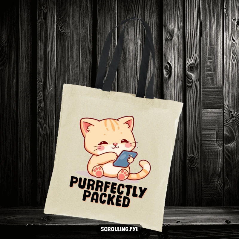 Funny tote bag showcasing a cute cat holding a smartphone and swiping down the screen, ideal for tech-savvy cat lovers.