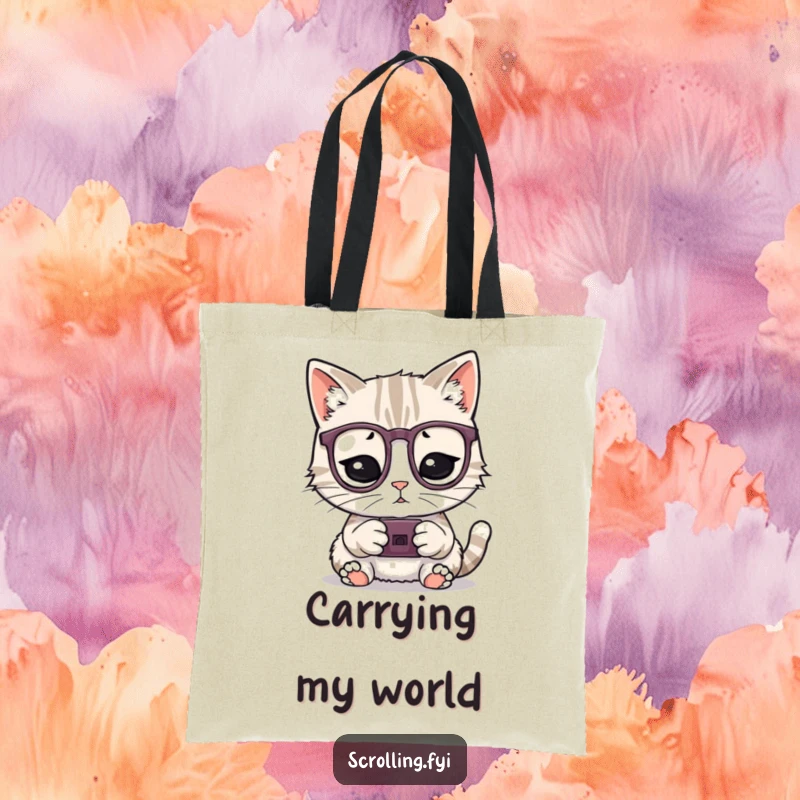 Funny tote bag featuring a playful cat wearing glasses, staring at a tiny device, a stylish funny gift.