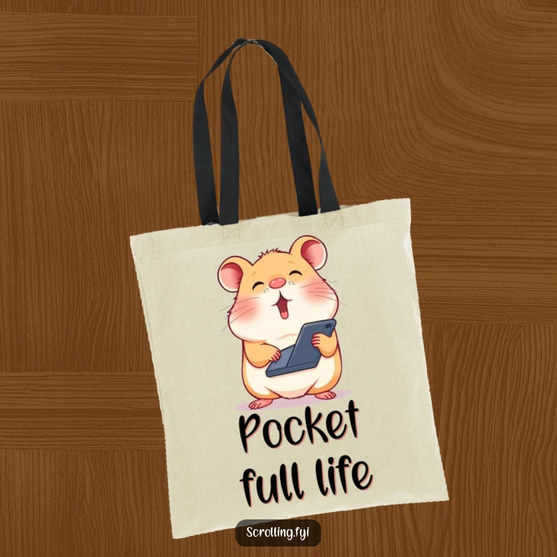 Funny tote bag featuring a hamster balancing a smartphone on its nose, in the act of rapid scrolling.