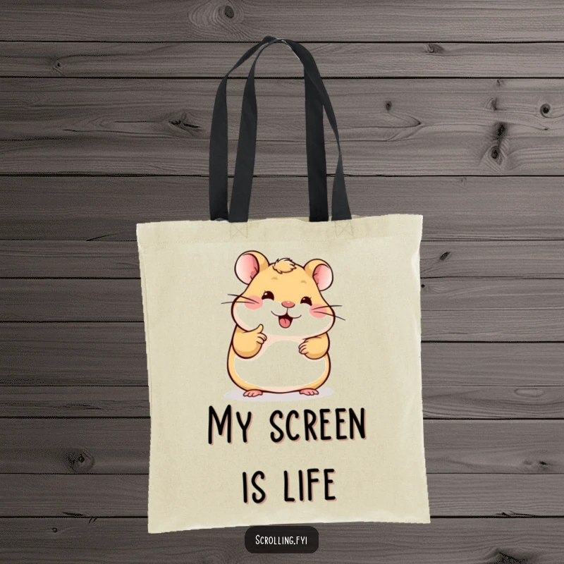 Funny Hamster Tote Bag: Stylish tote bag with a happy hamster engrossed in scrolling a bright screen, a fun accessory.