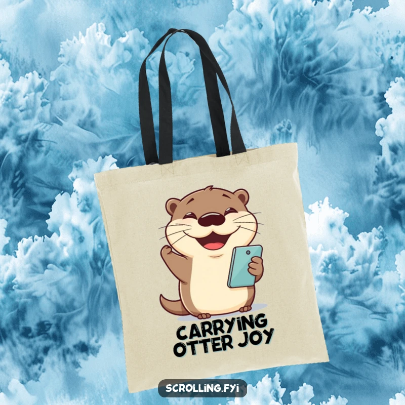 Funny otter tote bag with a cheerful otter holding a phone and grinning, perfect for everyday use.