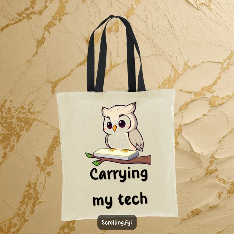 Funny Owl Tote Bag: A curious owl tapping a glowing screen, perfect for carrying tech accessories with humorous flair.