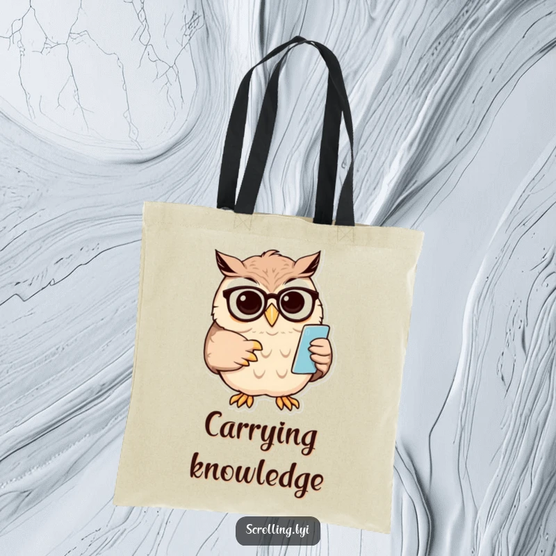 Funny owl tote bag illustration of a wise owl squinting at a mobile phone screen while adjusting its spectacles.