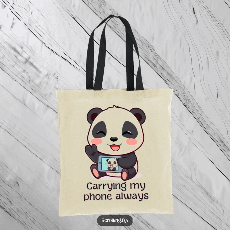 Funny tote bag with a giggling panda displaying a humorous image on its mobile device, great for everyday use.