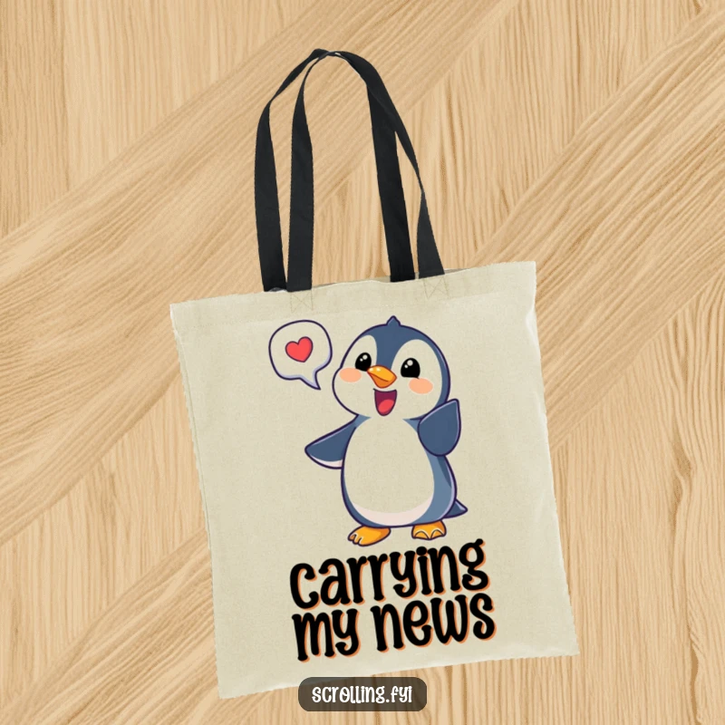 Funny penguin notification tote bag featuring a delighted penguin pointing at a bubble, ideal for tech lovers and as a funny gift.
