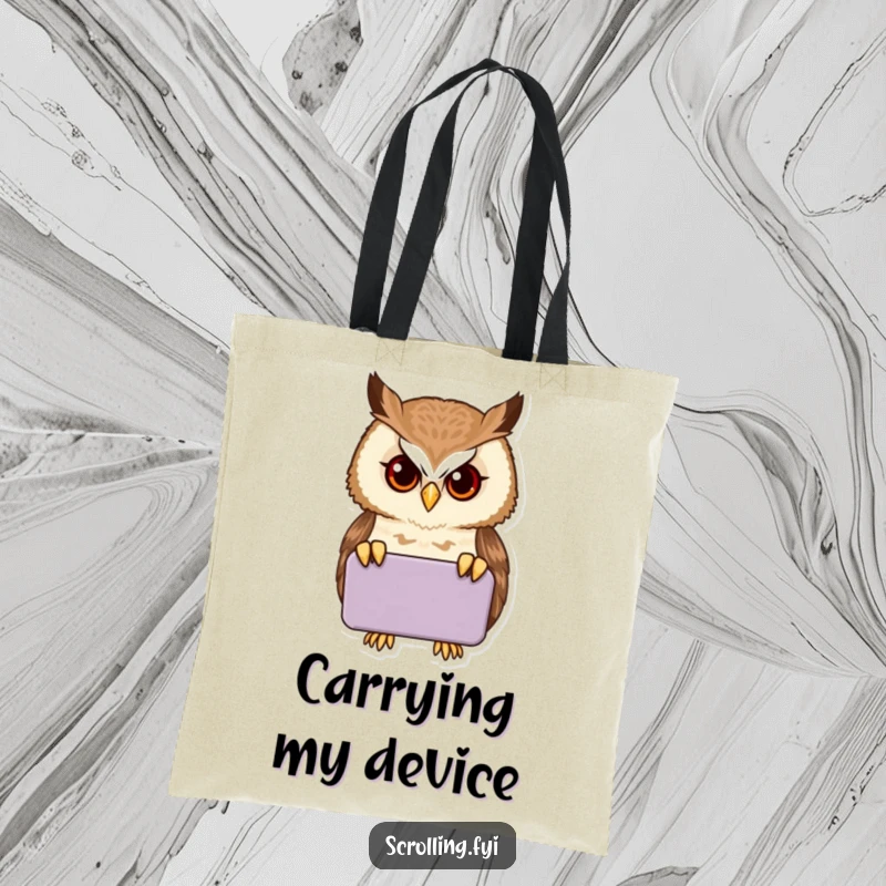 Funny proud owl staring intently into a handheld device, printed on a stylish and humorous tote bag.