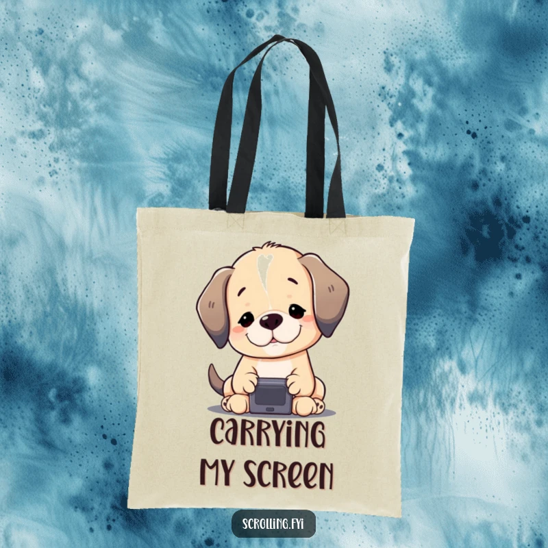 Funny Puppy Tote Bag: A content puppy gazing at a small screen, perfect for carrying tech accessories with humorous flair.