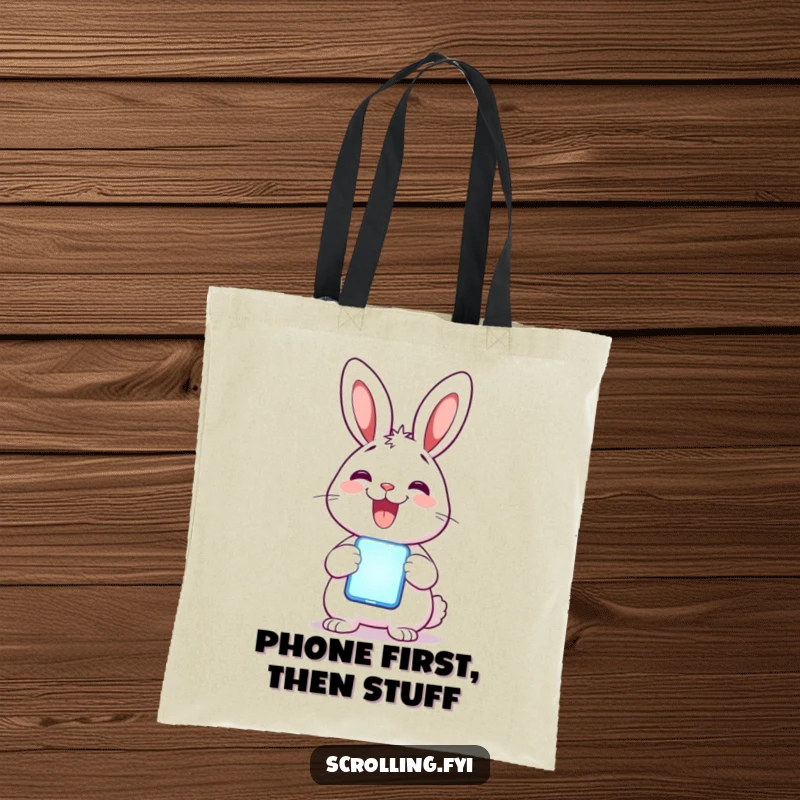 Funny Rabbit Tote Bag: A delighted rabbit smiles widely holding a glowing mobile phone, perfect for carrying tech essentials.