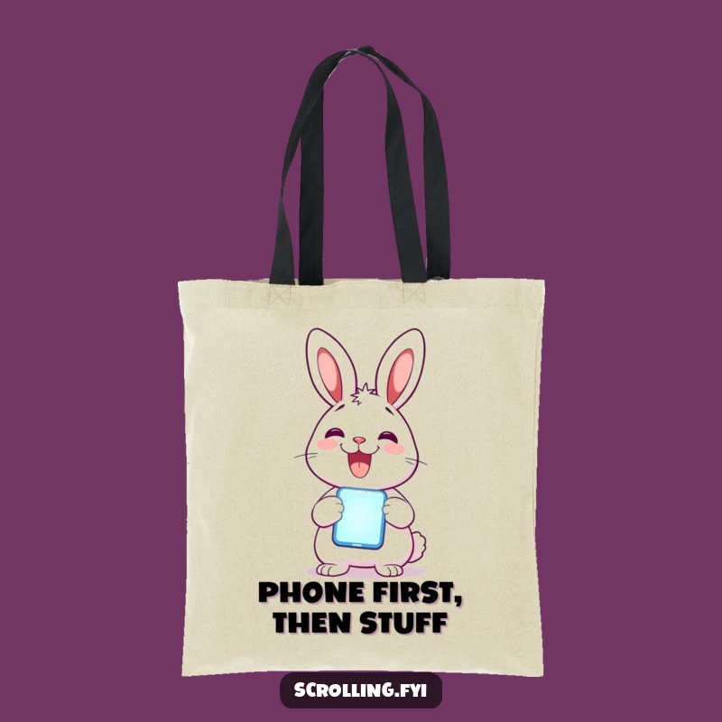 Funny Rabbit Phone Tote Bag: Delighted Rabbit with Glowing Phone, Tech Accessory