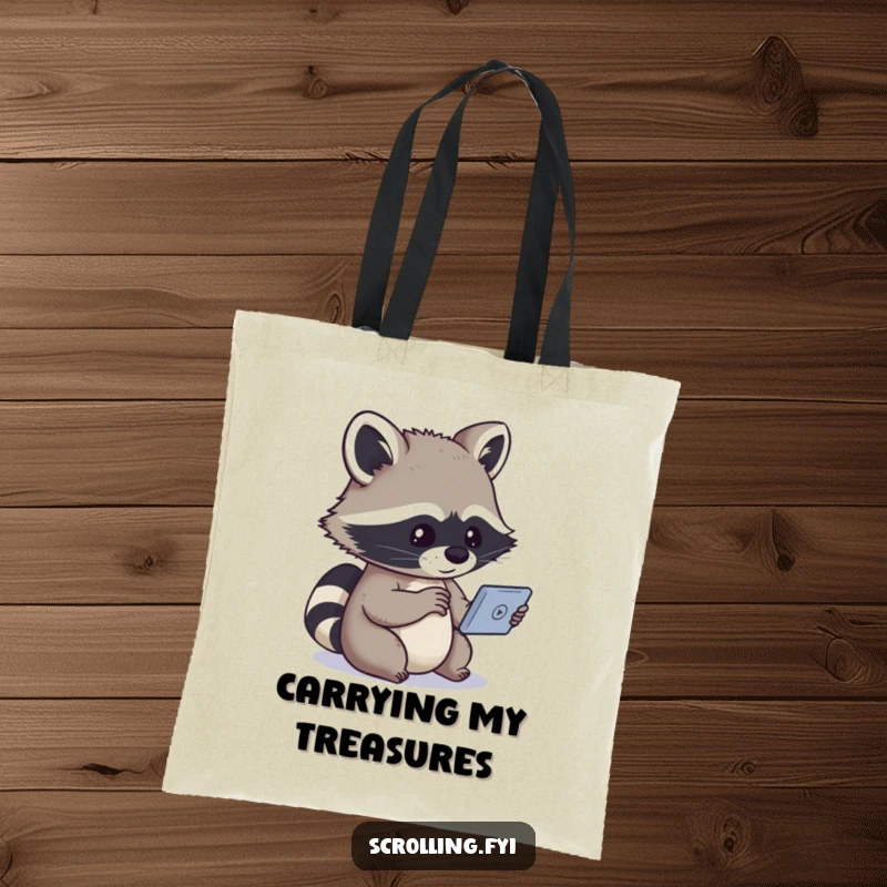 Funny tote bag with a curious raccoon intently watching a small device, highlighting a humorous and gadget-loving personality.