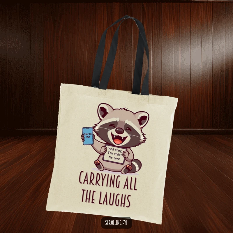 Funny tote bag: A delighted raccoon proudly displays a funny meme from its phone while carrying it in a stylish tote.