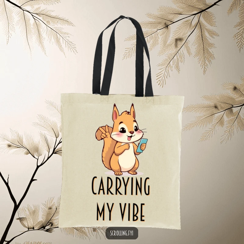 Funny silly squirrel making a peace sign while looking at a phone, printed on a stylish and humorous tote bag.