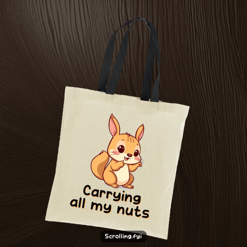 Funny tote bag depicting a playful squirrel enthusiastically tapping a screen, a humorous and practical item for tech carriers.