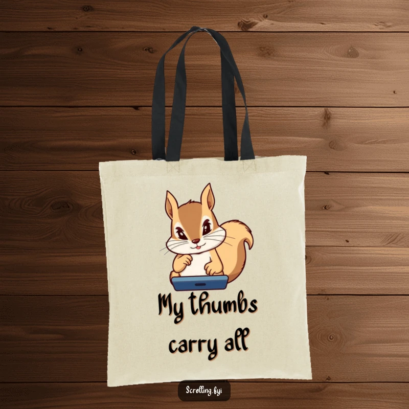 Funny Squirrel Tote Bag: Stylish tote with a determined squirrel intensely focused on a device, thumbs flying, perfect gaming accessory.