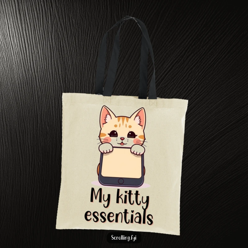 Funny cat tote bag with a cat peeking over a giant smartphone, perfect for carrying gadgets and essentials.