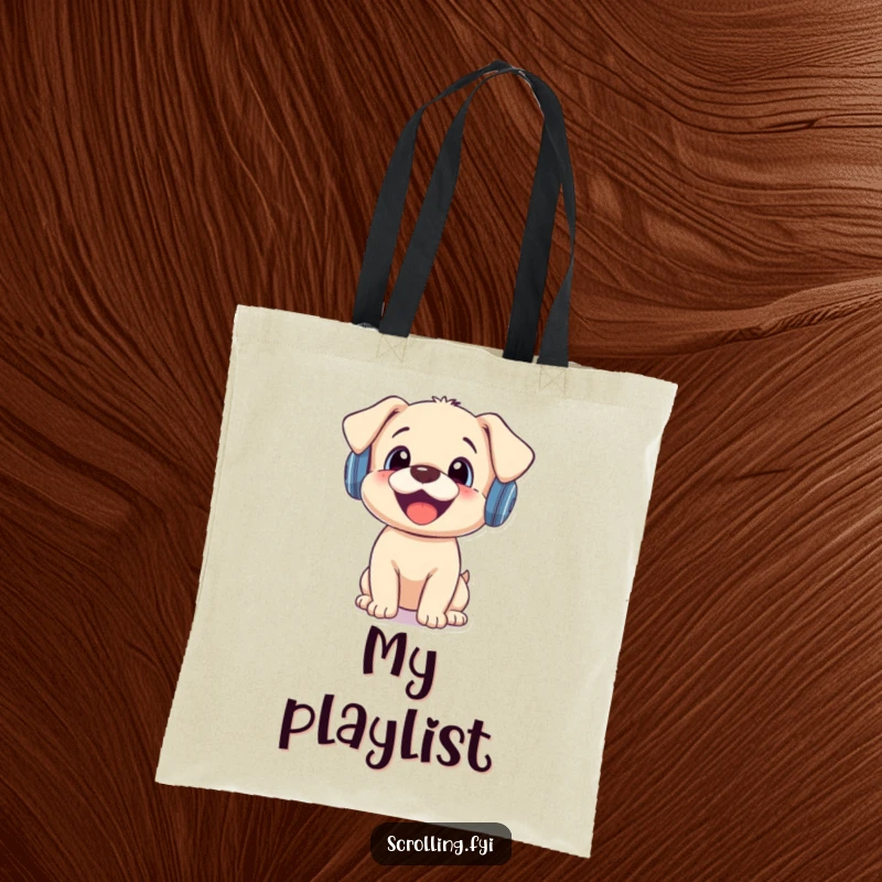 Funny tote bag with a happy puppy wearing headphones, looking surprised at a mobile phone notification.