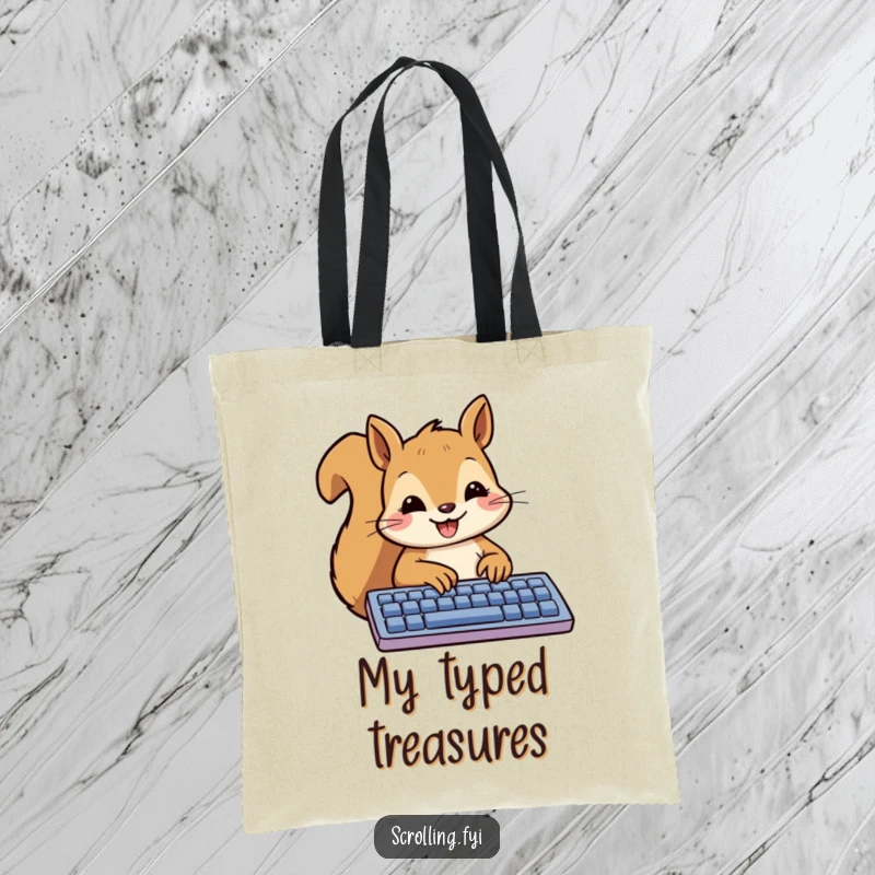 Funny Squirrel Tote Bag showing a smiling squirrel happily typing a message on a keyboard, perfect for carrying tech.