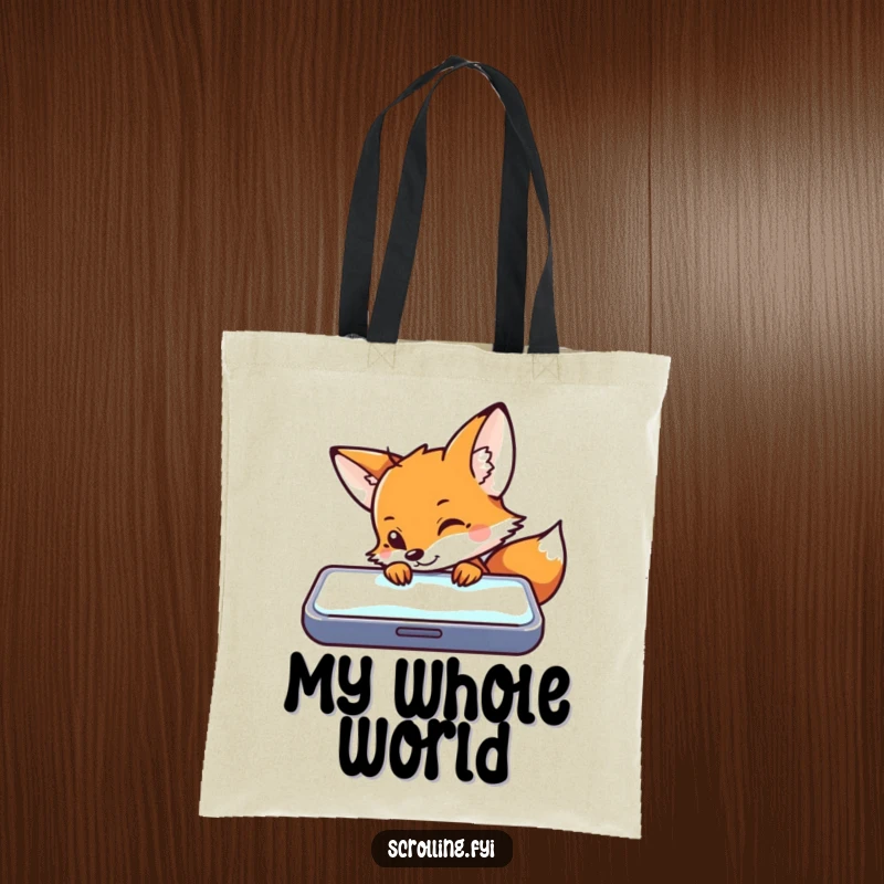 Funny tote bag featuring a sly fox peeking curiously over a glowing mobile device, perfect for tech enthusiasts.