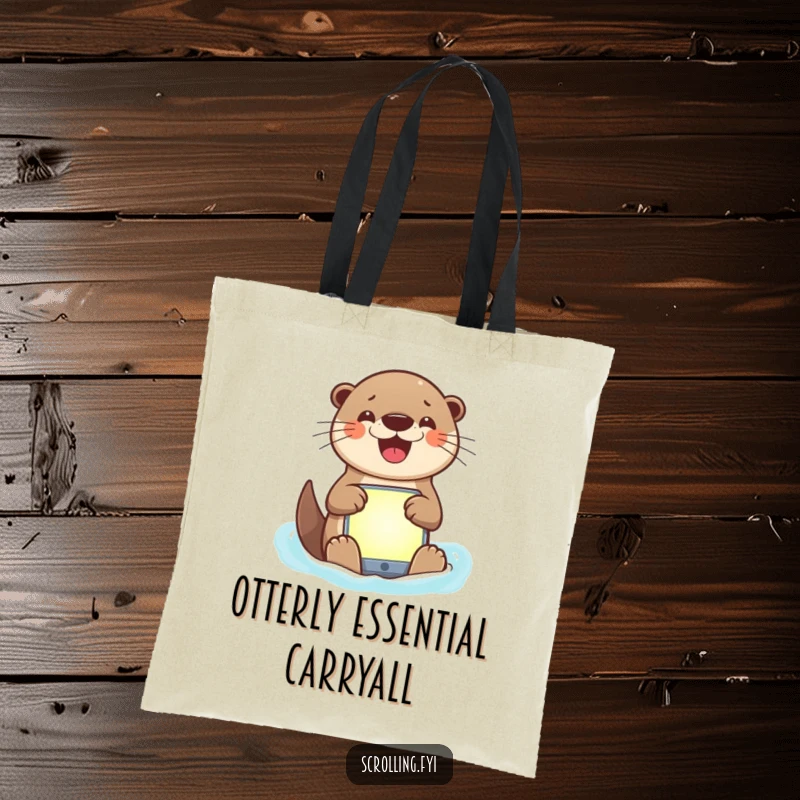 Funny tote bag with a grinning otter navigating a bright app, illustrating a humorous and busy digital life.