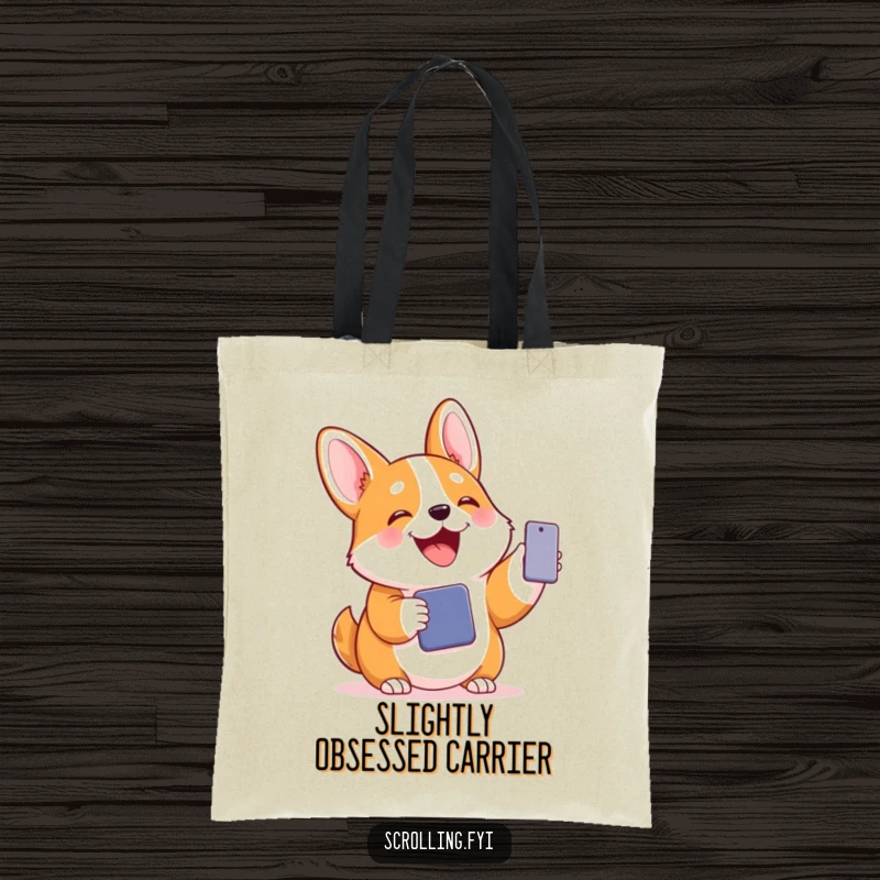 Funny tote bag with a joyful corgi holding a phone, illustrating a humorous and communicative personality.