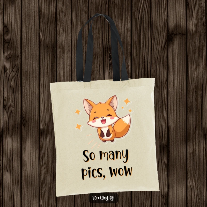 Funny tote bag presenting a joyful fox delighted while scrolling through phone images, a practical and humorous accessory for shoppers.