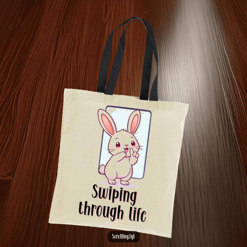 Funny Tote Bag: A rabbit joyfully swiping a large touchscreen, perfect for carrying tech accessories with a humorous, modern vibe.