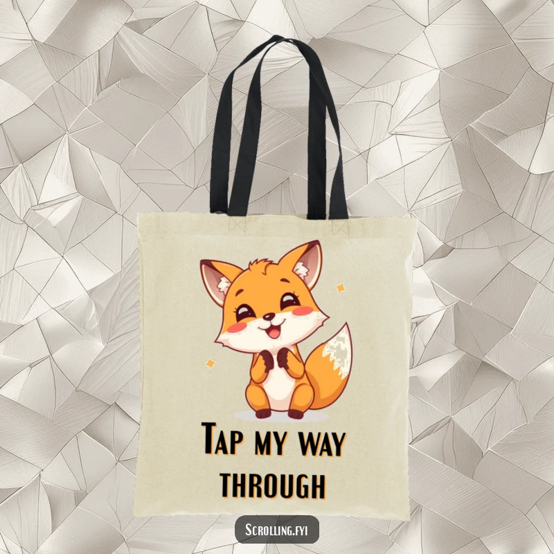Funny Fox Tote Bag: A cheerful fox taps furiously on a screen, ideal for carrying laptops and tech accessories.